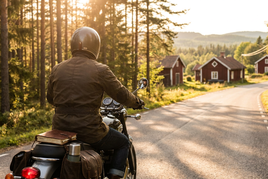 En motorcyklist kör längs några av de bästa mc vägarna i Sverige omgiven av skog